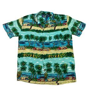 Vintage Edgy Dogs Hawaiian Shirt Mens Large L Woodie Wagon Cars Beach Button Up